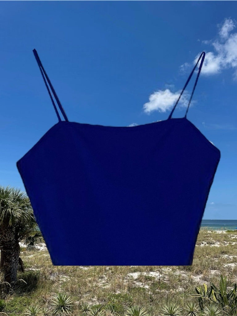 Women’s Blue Spaghetti Strap Crop Top with Sharkey’s Side Logo