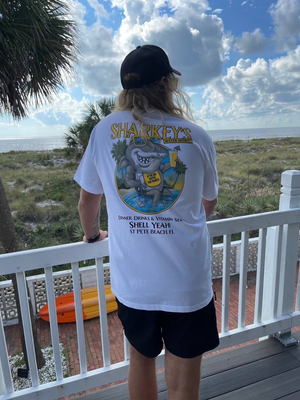 Sharkey’s Souvenir T-Shirt, “Dinner, Drinks & Vitamin Sea… Shell Yeah!”