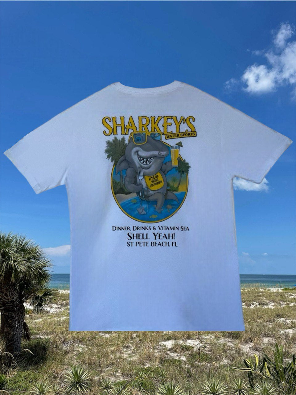 Sharkey’s Souvenir T-Shirt, “Dinner, Drinks & Vitamin Sea… Shell Yeah!”
