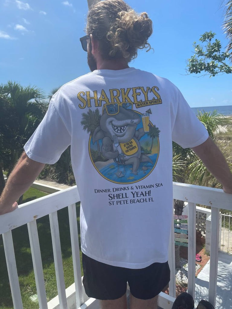 SHARKEY'S SOUVENIR T-SHIRT "DINNER DRINKS AND VITAMIN SEA SHELL YEAH!"