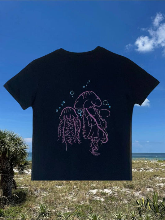 CUSTOM PAINTED SEA-LIFE SHIRT BLACK "JELLY FISH" SHIRT