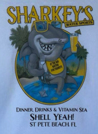 Sharkey’s Souvenir T-Shirt, “Dinner, Drinks & Vitamin Sea… Shell Yeah!”